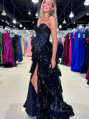 Strapless Lace Tiered Prom Dresses with Slit Sweetheart Neck Bow Tie Formal Dresses - FD3636f