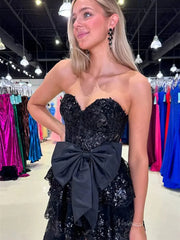 Strapless Lace Tiered Prom Dresses with Slit Sweetheart Neck Bow Tie Formal Dresses - FD3636f