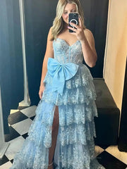 Strapless Lace Tiered Prom Dresses with Slit Sweetheart Neck Bow Tie Formal Dresses - FD3636f