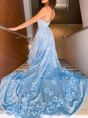 Strapless Light Blue Satin Floral Long Prom Dresses, Light Blue Formal Dresses with 3D Flowers, Light Blue Evening Dresses