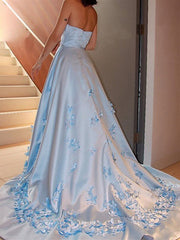 Strapless Light Blue Satin Floral Long Prom Dresses, Light Blue Formal Dresses with 3D Flowers, Light Blue Evening Dresses