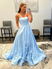 Strapless Light Blue Satin Prom Dresses 3D Flowers A-line Evening Dresses with Pocket