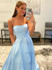 Strapless Light Blue Satin Prom Dresses 3D Flowers A-line Evening Dresses with Pocket