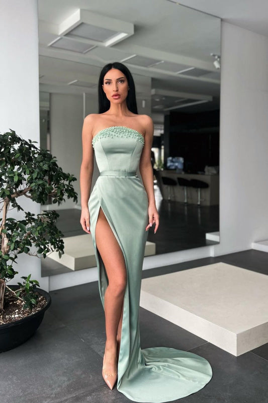 Sage Green Strapless Beadings Mermaid Prom Dress with Slit