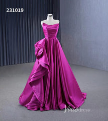 Strapless Magenta Satin Formal Dresses Ruffle Ball Gown Corset Back 231019