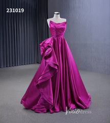 Strapless Magenta Satin Formal Dresses Ruffle Ball Gown Corset Back 231019
