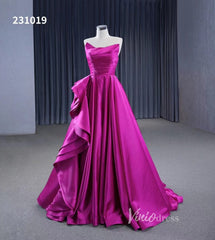 Strapless Magenta Satin Formal Dresses Ruffle Ball Gown Corset Back 231019