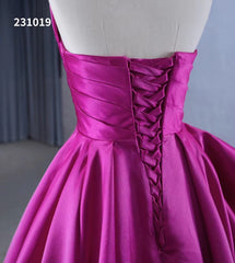 Strapless Magenta Satin Formal Dresses Ruffle Ball Gown Corset Back 231019