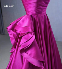 Strapless Magenta Satin Formal Dresses Ruffle Ball Gown Corset Back 231019