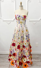 Strapless Multi-Color 3D Flower Prom Dress with Corset Back FD2900D