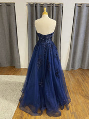Strapless Navy Blue Lace Beaded Prom Dresses Sweetheart Aline Evening Dresses
