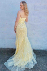 Strapless Open Back Daffodil Tulle Prom Dresses Lace Evening Dresses with High Slit