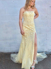 Strapless Open Back Daffodil Tulle Prom Dresses Lace Evening Dresses with High Slit