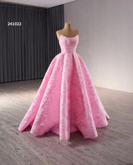 Strapless Pink Ball Gown Prom Dresses Beaded Wedding Gown 241022