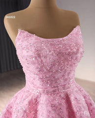 Strapless Pink Ball Gown Prom Dresses Beaded Wedding Gown 241022