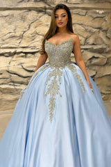 Strapless Pink Court Train Quinceanera Dresses Beadings Satin Ball Gown