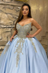 Strapless Pink Court Train Quinceanera Dresses Beadings Satin Ball Gown
