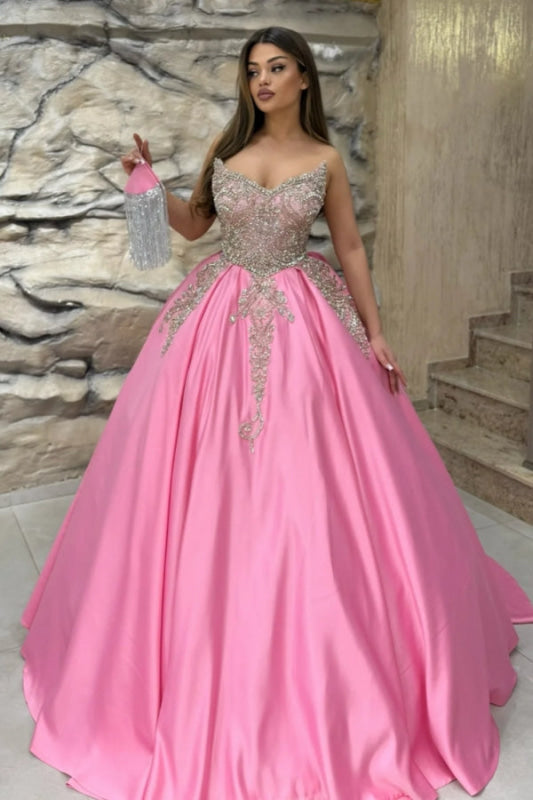 Strapless Pink Court Train Quinceanera Dresses Beadings Satin Ball Gown