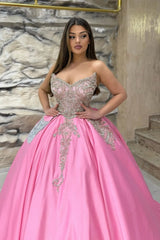 Strapless Pink Court Train Quinceanera Dresses Beadings Satin Ball Gown