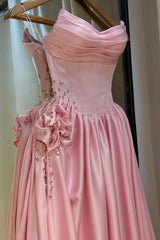 Strapless Pink Evening Dress Long with Front Split Flowers Satin Prom Dress