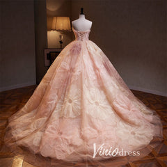 Strapless Pink Flower Ball Gown Wedding Dresses Haute Couture FD3410