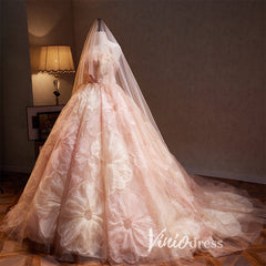 Strapless Pink Flower Ball Gown Wedding Dresses Haute Couture FD3410