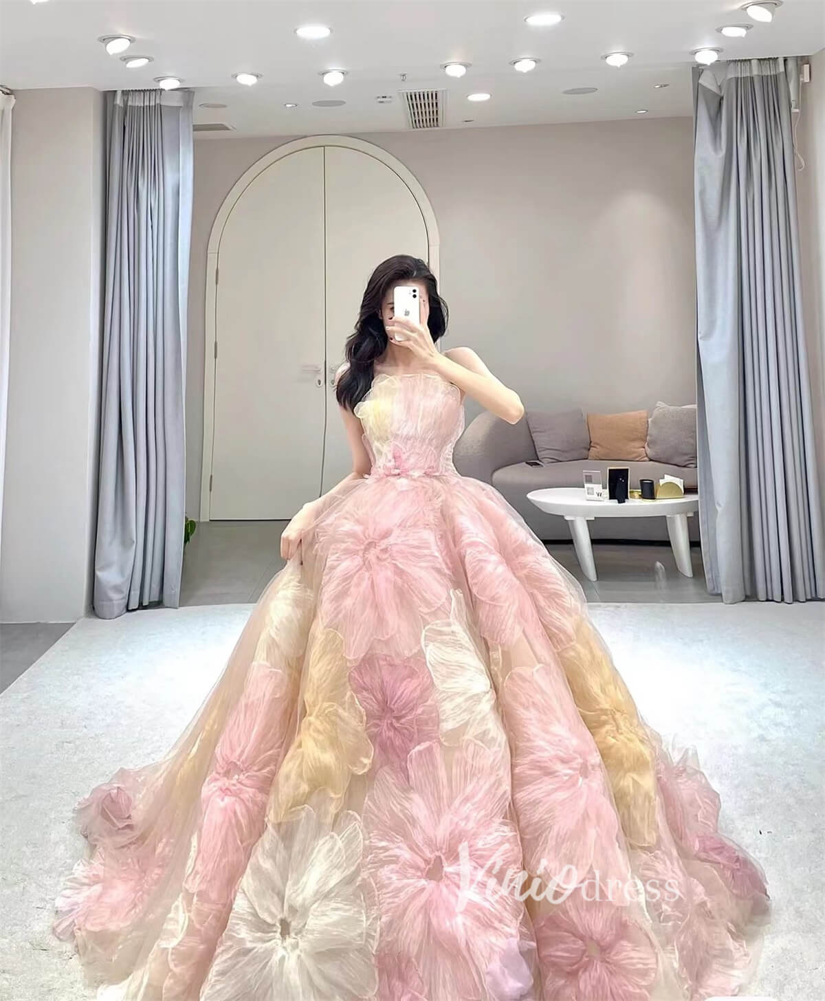 Strapless Pink Flower Ball Gown Wedding Dresses Haute Couture FD3410