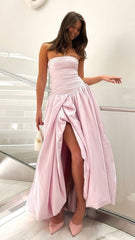Strapless Pink Split Prom Dresses Corset A-Line Party Formal Dress