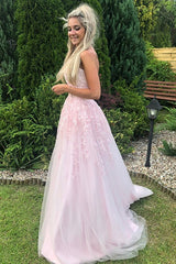 Strapless Pink Tulle Lace Long Prom Dresses Sleeveless Aline Formal Graduation Evening Dresses