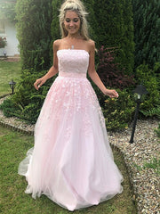Strapless Pink Tulle Lace Long Prom Dresses Sleeveless Aline Formal Graduation Evening Dresses