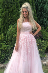 Strapless Pink Tulle Lace Long Prom Dresses Sleeveless Aline Formal Graduation Evening Dresses