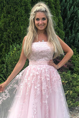 Strapless Pink Tulle Lace Long Prom Dresses Sleeveless Aline Formal Graduation Evening Dresses