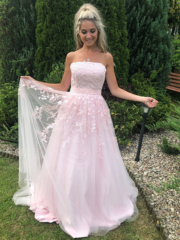 Strapless Pink Tulle Lace Long Prom Dresses Sleeveless Aline Formal Graduation Evening Dresses