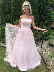 Strapless Pink Tulle Lace Long Prom Dresses Sleeveless Aline Formal Graduation Evening Dresses