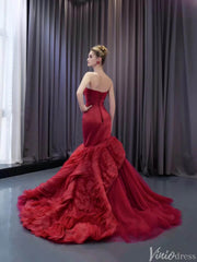 Strapless Red Mermaid Ruffle Wedding Dresses Pageant Prom Gown 241103