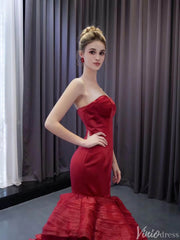 Strapless Red Mermaid Ruffle Wedding Dresses Pageant Prom Gown 241103