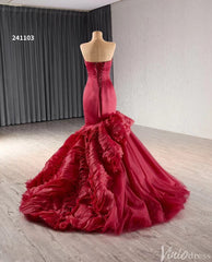 Strapless Red Mermaid Ruffle Wedding Dresses Pageant Prom Gown 241103