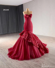 Strapless Red Mermaid Ruffle Wedding Dresses Pageant Prom Gown 241103