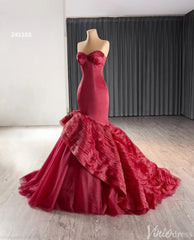 Strapless Red Mermaid Ruffle Wedding Dresses Pageant Prom Gown 241103