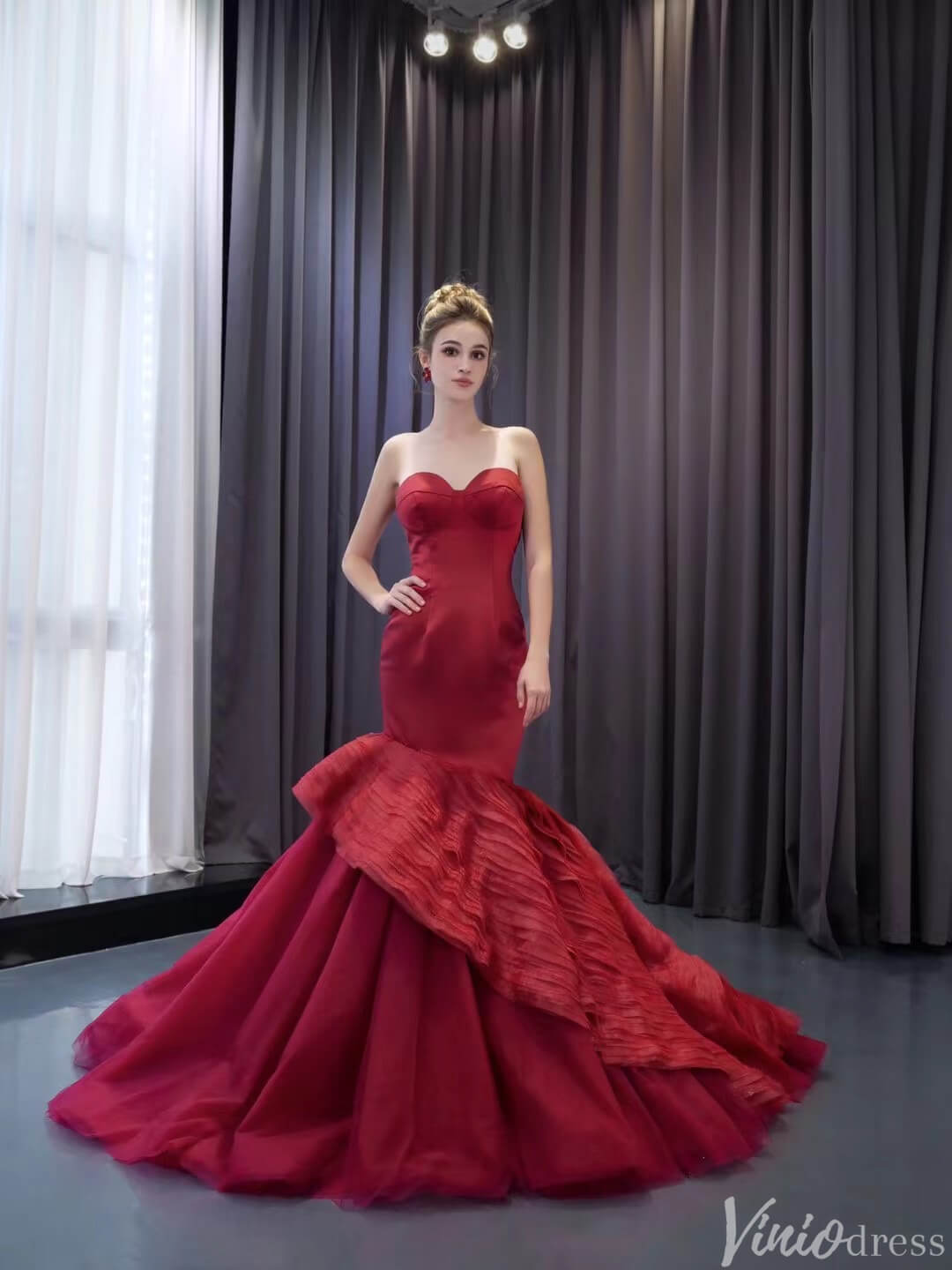 Strapless Red Mermaid Ruffle Wedding Dresses Pageant Prom Gown 241103