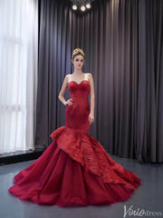 Strapless Red Mermaid Ruffle Wedding Dresses Pageant Prom Gown 241103