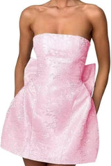 Strapless Ruched Satin SHort Party Dress Backless Jacquard Homecoming Dress with Bow