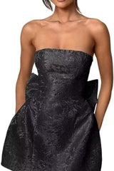 Strapless Ruched Satin SHort Party Dress Backless Jacquard Homecoming Dress with Bow