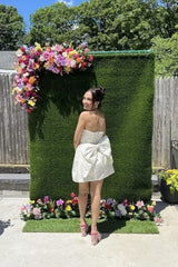 Strapless Ruched Satin SHort Party Dress Backless Jacquard Homecoming Dress with Bow