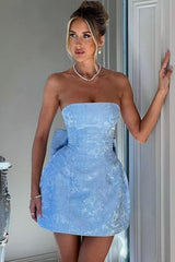Strapless Ruched Satin SHort Party Dress Backless Jacquard Homecoming Dress with Bow