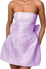 Strapless Ruched Satin SHort Party Dress Backless Jacquard Homecoming Dress with Bow