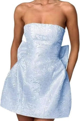 Strapless Ruched Satin SHort Party Dress Backless Jacquard Homecoming Dress with Bow