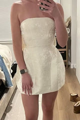 Strapless Ruched Satin SHort Party Dress Backless Jacquard Homecoming Dress with Bow