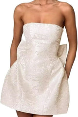 Strapless Ruched Satin SHort Party Dress Backless Jacquard Homecoming Dress with Bow
