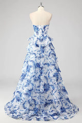 Strapless Corset Ruffles Floral Chiffon A-Line Long Prom Dresses with Front Split